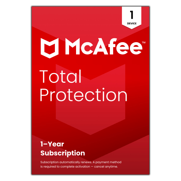 McAfee Total Protection Antivirus & Internet Security Software, 1 Device, 1-Year Subscription, Auto-Renewal, Product Key, MTP41EOD1RAAM