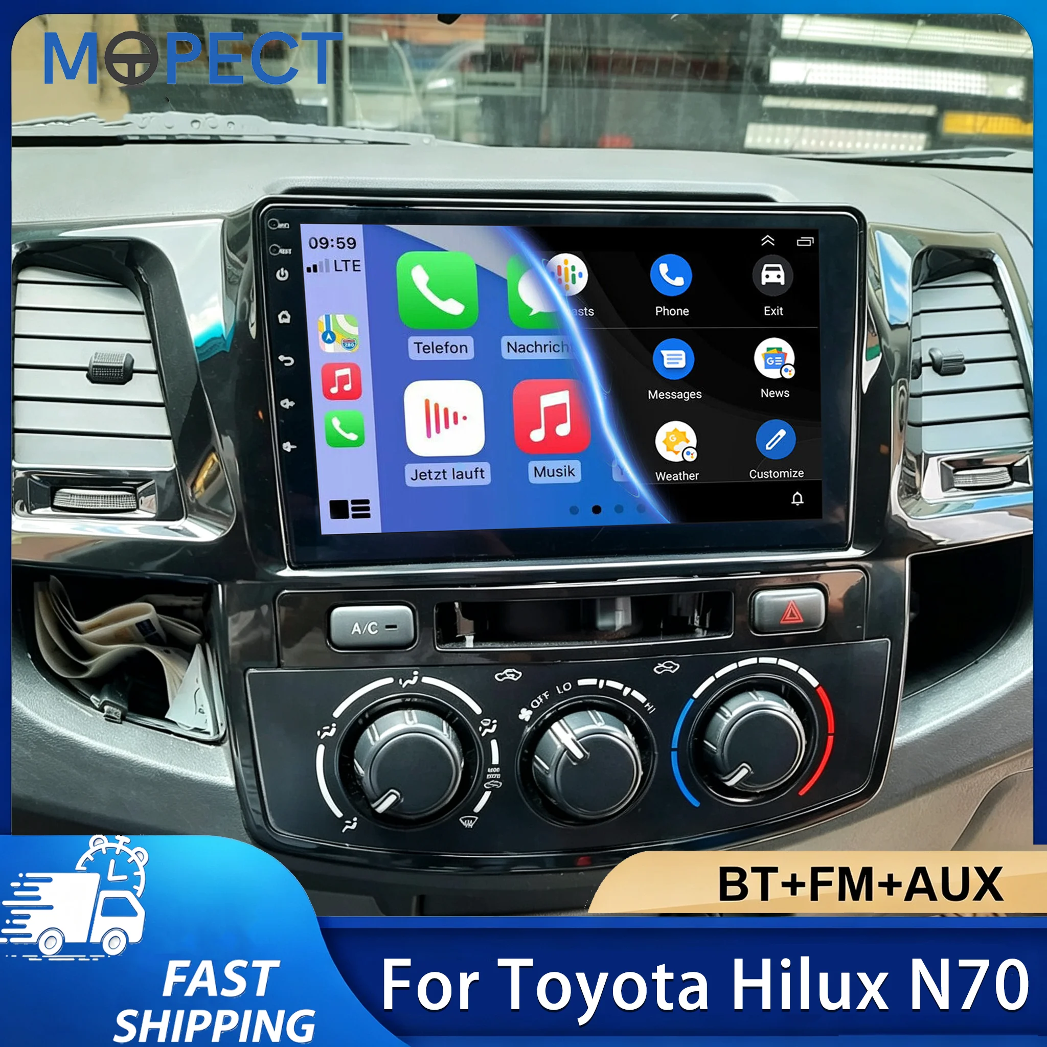 Autoradio Android 15 MOPECT 9 pouces 4+128 Go/6+128 Go avec Carplay sans fil pour Toyota Fortuner HILUX Revo Vigo 2007-2015, lecteur multimédia vidéo, navigation GPS, autoradio double DIN, BT, DAB+, caméra embarquée
