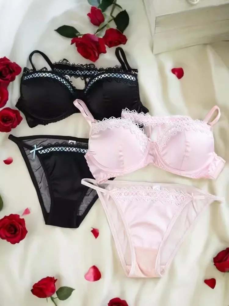 MOYISU Pure Desire Sexy Satin Patchwork dentelle ensemble de soutien-gorge rose licou sous-vêtements pour jeunes hommes rêveur Style Lolita