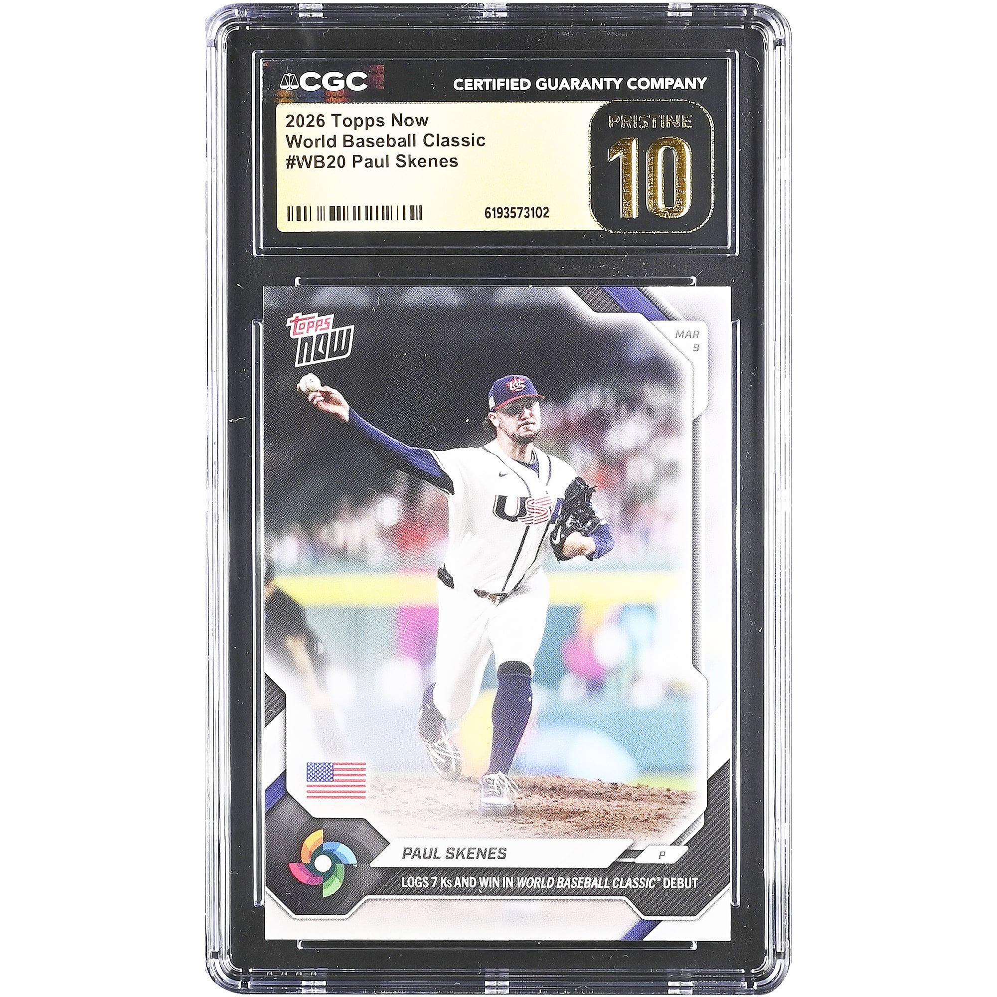 Paul Skenes USA Baseball 2026 Topps Now erzielt 7 Strikeouts und gewinnt sein Debüt beim World Baseball Classic #WB20 CGC-authentifizierte, makellose 10-Zoll-Karte