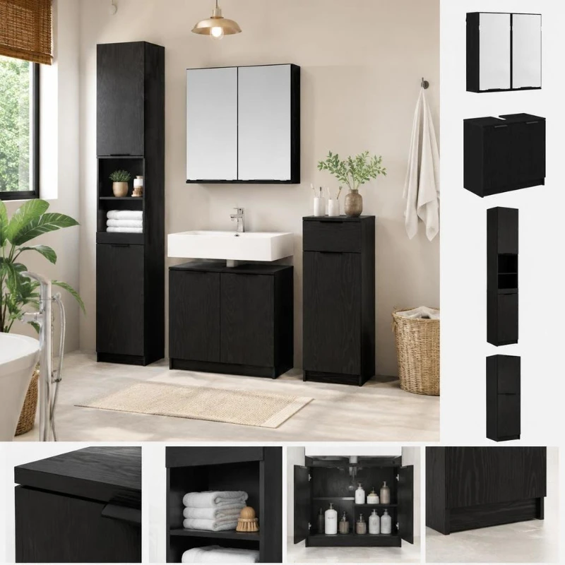 2-teiliges Badezimmermöbel-Set aus schwarzem Eichenholz, Waschtischunterschrank mit Stauraum, modernes Design-Badezimmermöbel, Waschbecken- und Badezimmermöbel-Set, praktischer Stauraum für kleine
