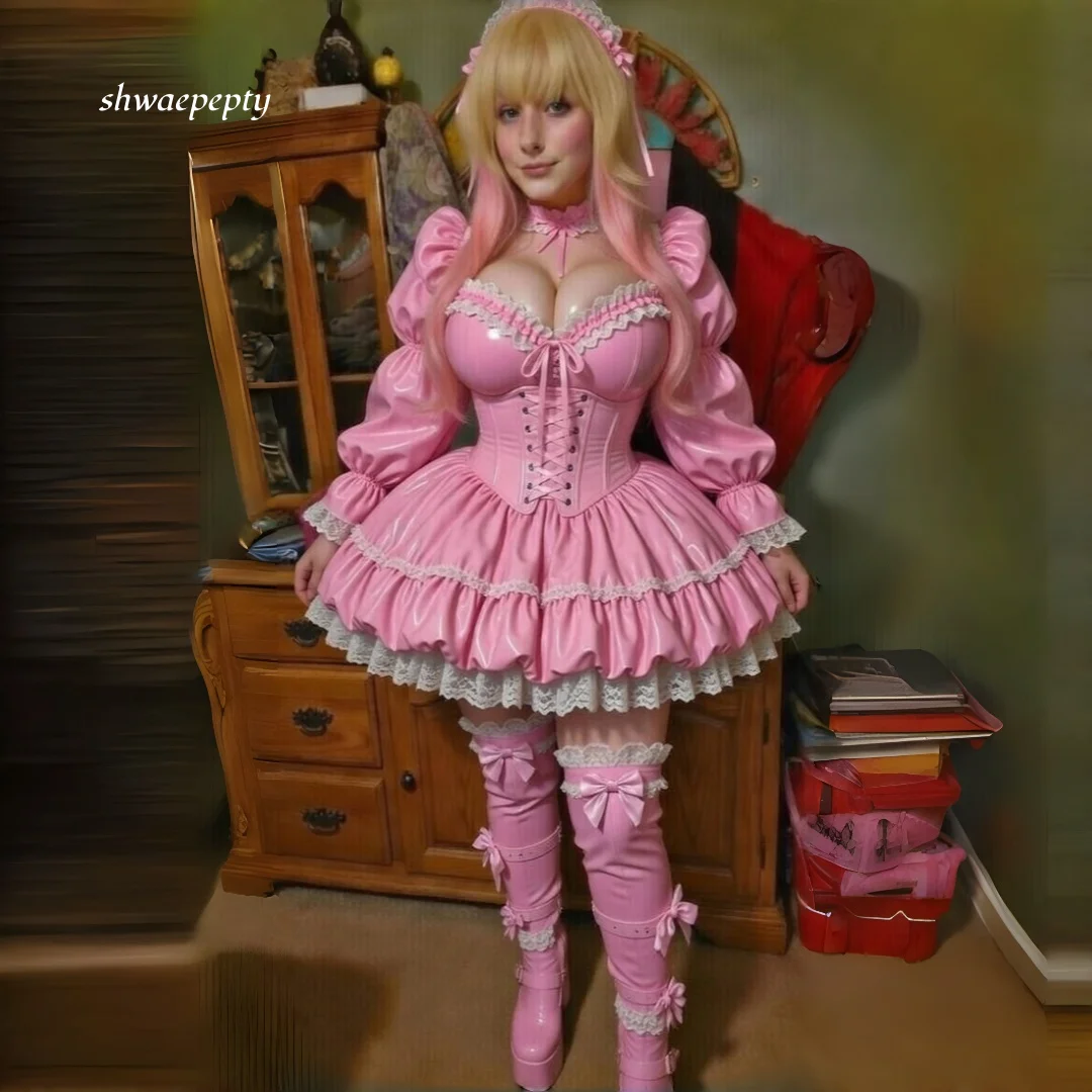 Pink Glossy PU Mini Prom Dress Sweet Lolita Cosplay Costume Long Puff Sleeve Lace Ruffle Trim Lace‑Up Corset Ruffled Customized
