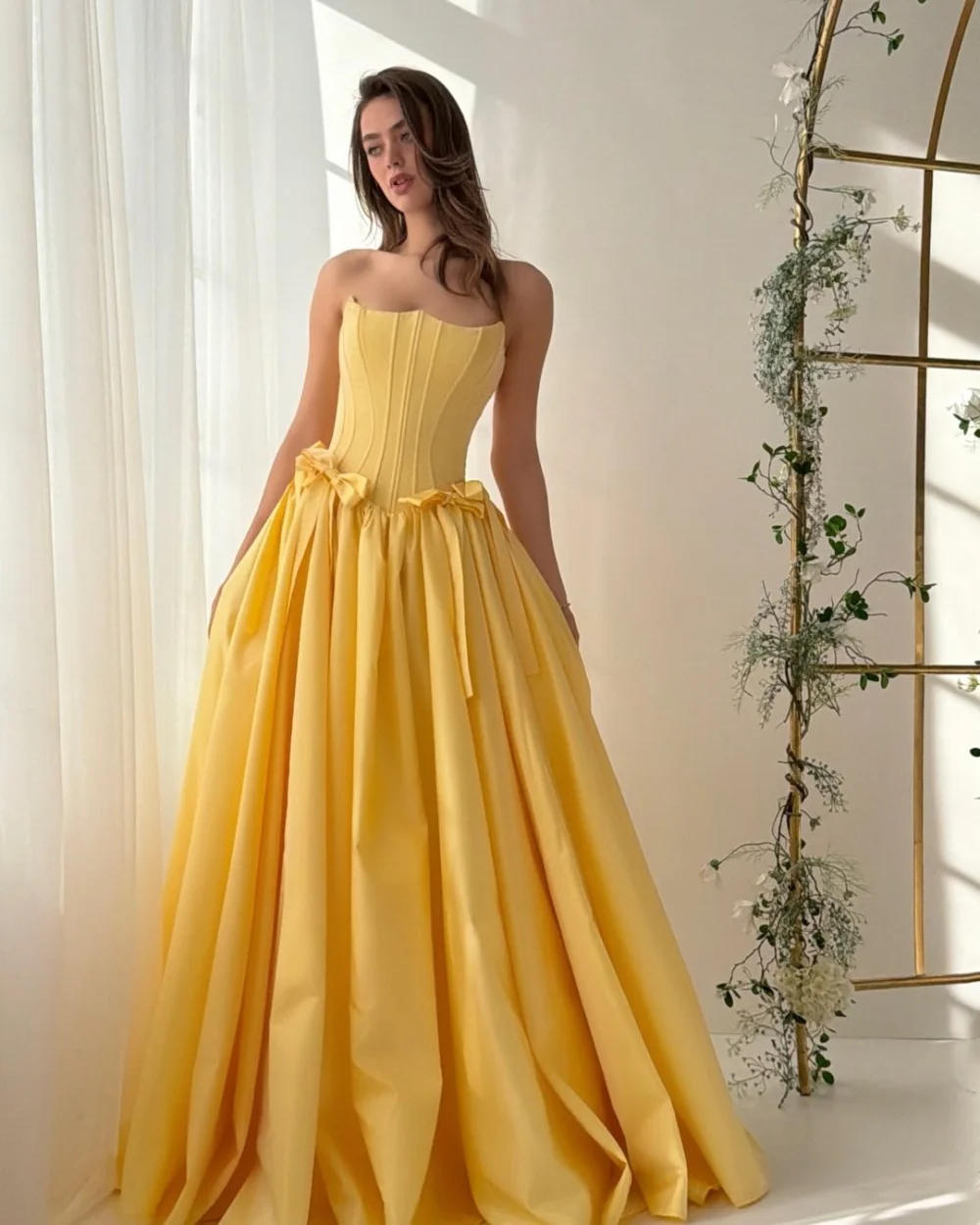 Customized Fashion Charming Pleat Ruched Bow A-line Strapless Floor-Length Evening Dresses Sizes Available