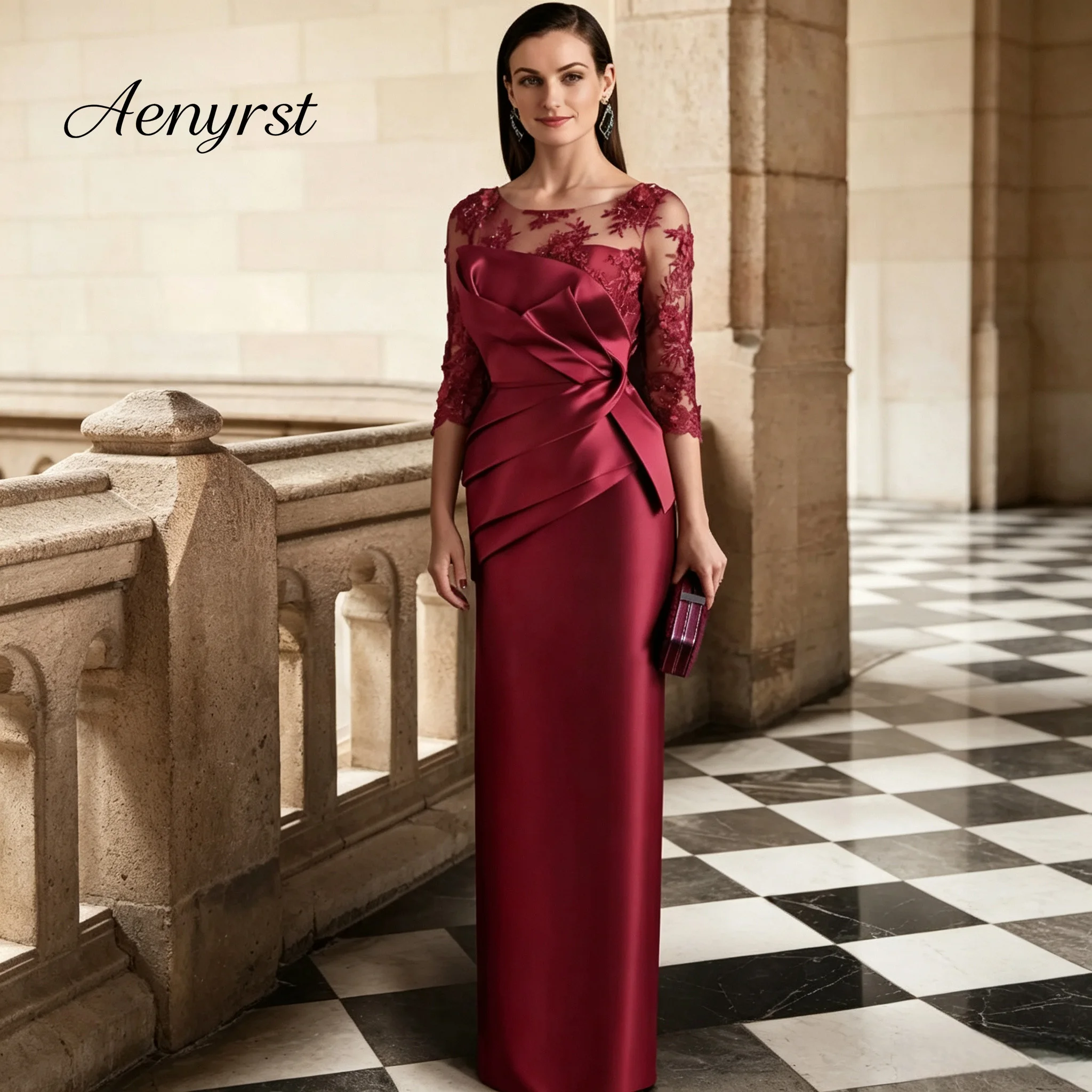 Burgundy Satin Lace Mother Of Bride Dress Round Neck 3/4 Sleeve Sheer Back Column Formal Evening Gown