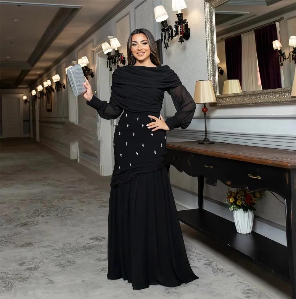 Black Beaded Long Sleeves Bespoke Occasion Gown Evening Dresses Pastrol Unisex Jersey Retro Dubai Saudi Arabic Prom Customized