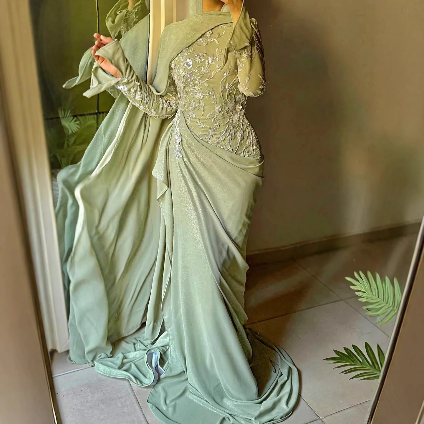 2026 Luxury Sage Green Lace Appliques Mermaid Evening Dress Long Sleeves Modest Formal Gown Prom Dresses Customized