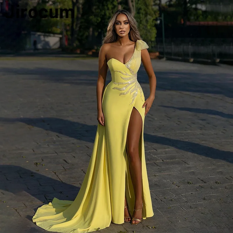 Jirocum Women's One Shoulder Prom Dress Mermaid Beaded Party Evening Gown Floor Length Sexy Side Slit Formal Occasion Dresses