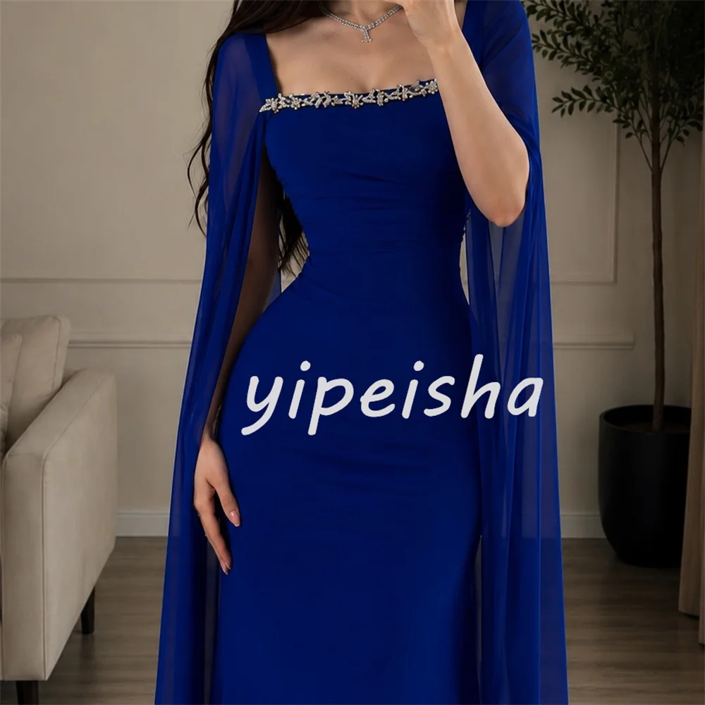 Customized Blue Modest Sexy Chiffon Pleat Crystal Mermaid Square Neck Floor-Length Evening Dresses Sizes Available for Woman