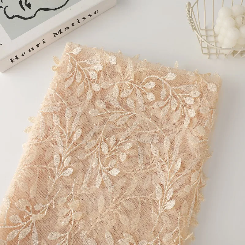 Champagne Gold Sequin Embroidery Lace Mesh Tulle Fabric Beaded Applique Floral Wedding Dress Bridal Gown DIY Home Craft Material