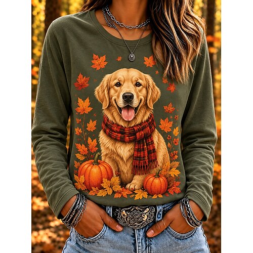 Damen T Shirt Druck Grafik Tiermotiv Katze Vintage Stilvoll Klassisch Langarm Rundhalsausschnitt Normale Oberteile Lässig Täglich Orange Grün Aprikose Frühling Herbst Winter MAO