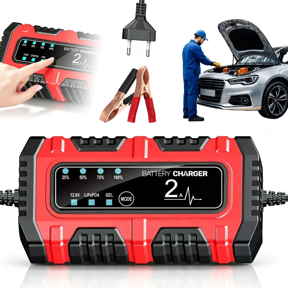Chargeur de batterie 12V pour voiture et moto avec mode de charge lente – Chargeur portable pour batteries au lithium, LiFePO4, plomb-acide, gel et AGM, idéal pour l