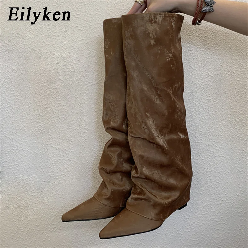 Eilyken 2027 Neues Herbst-Winter-Design Plissierte Keilabsatz-Stiefel für Damen, Kniehohe Stiefel mit spitzer Zehenpartie, Lange Stiefeletten, Modische Damenschuhe