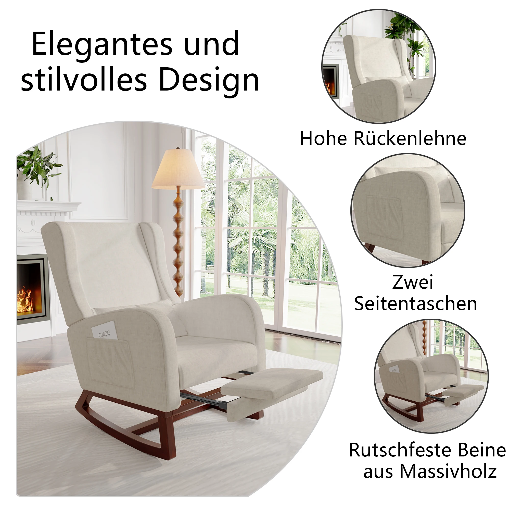 Schaukelstuhl Kinderzimmer, Stillstuhl mit Fußstütze, Gepolsterter Wippsessel mit hoher Rückenlehne und Seitentasche, Relaxsessel Lesesessel Akzentstuhl für Wohnzimmer Schlafzimmer Babyzimmer Büro, ergonomisch bequem modern