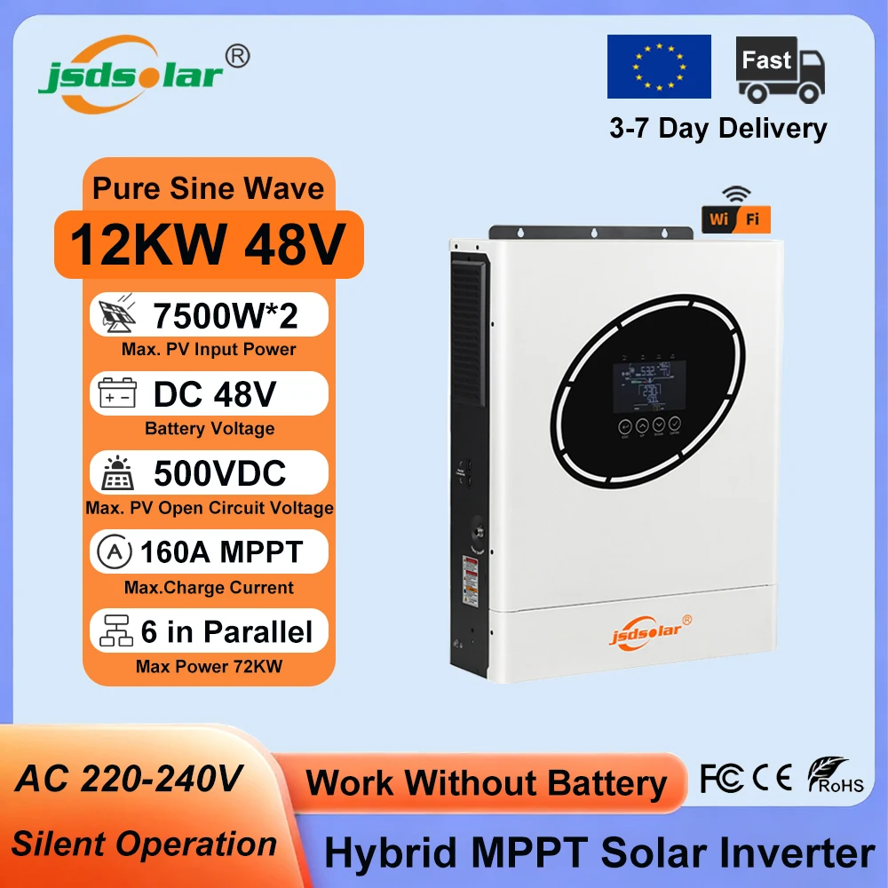 Jsdsolar Onduleur Solaire Hybride Parallèle 12KW 48V 230VAC Onduleur Photovoltaïque à Onde Sinusoïdale Pure 160A Chargeur Solaire MPPT Double Entrée PV/Sortie AC Onduleur Solaire Hors Réseau avec WiFi