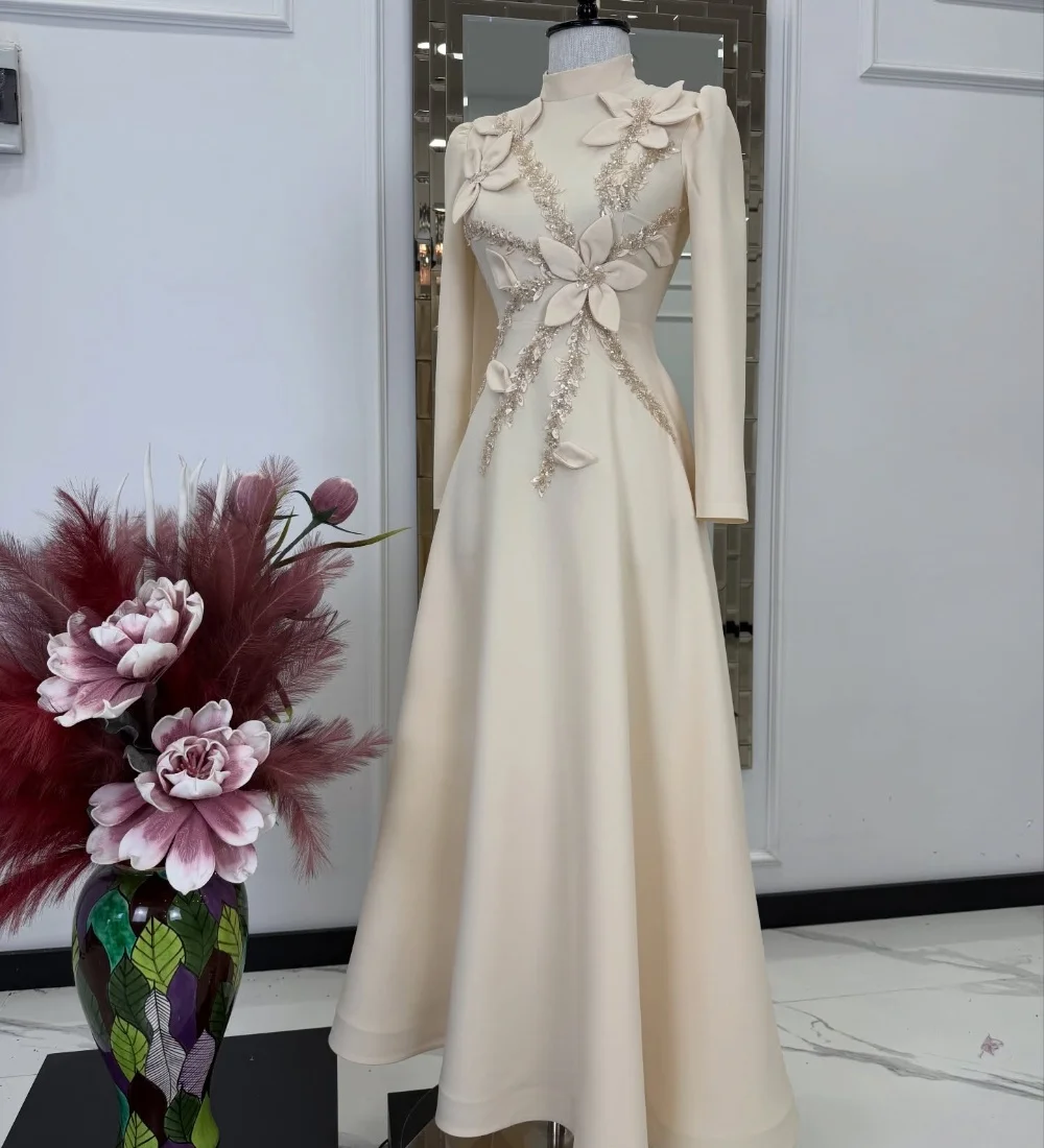 Customized Luxury Jersey Handmade Flower Beading Sequined Ruched A-line High Collar Long Dresses Evening Dresses Sizes Available
