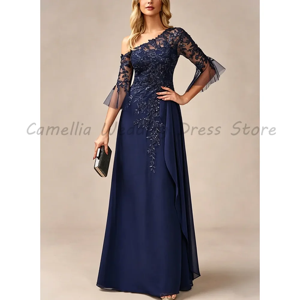 Navy Blue Cold Shoulder Lace Sequin Dress 3/4 Flare Sleeve A‑Line Chiffon Floor‑Length Mother Of Bride Evening Gown