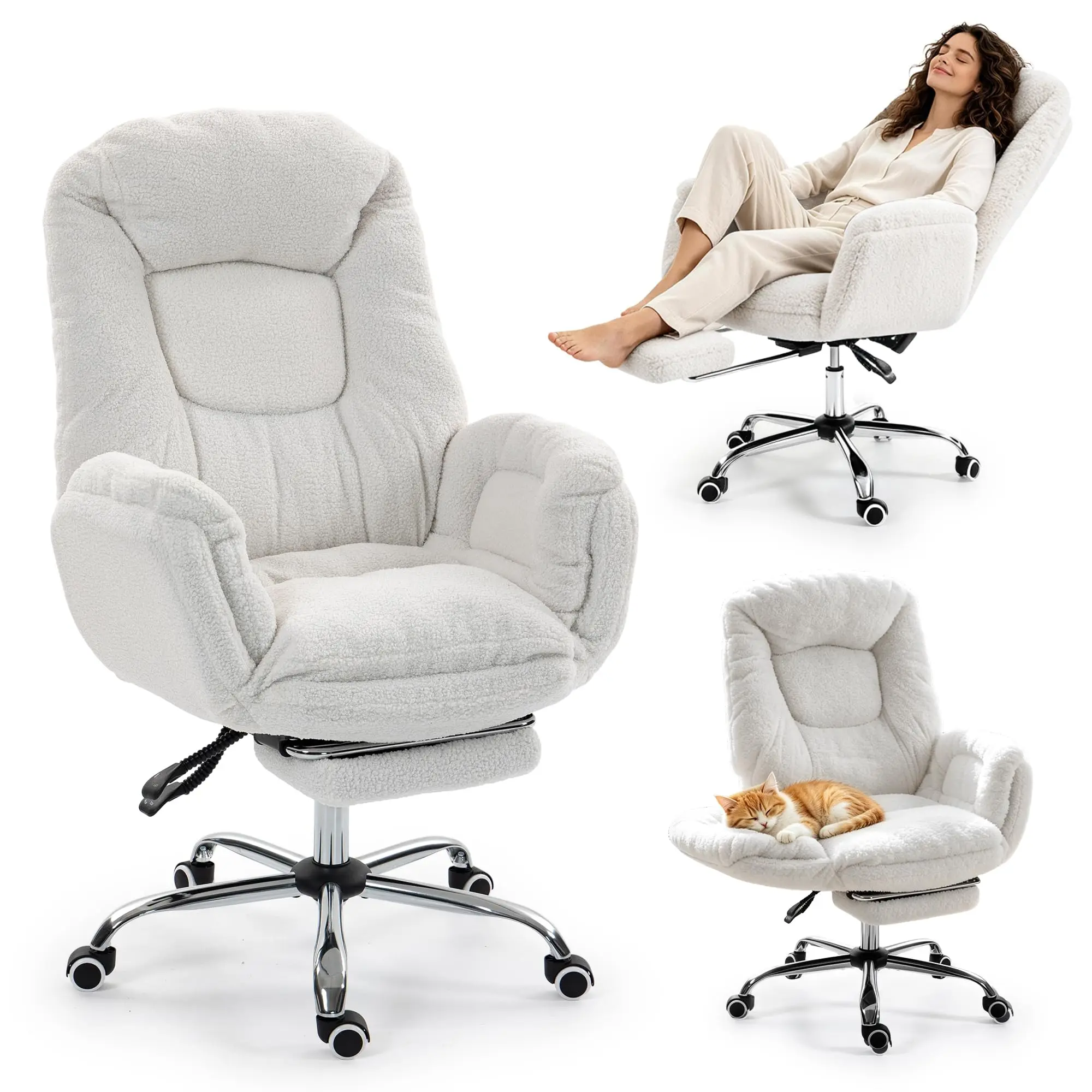 Big and Tall Ergonomic Office Chair with Flip Armrests, Executive Ergonomic Computer Gaming Chair with Foot Rest, Teddy Fleece Wide Seat Reclining Desk Chair