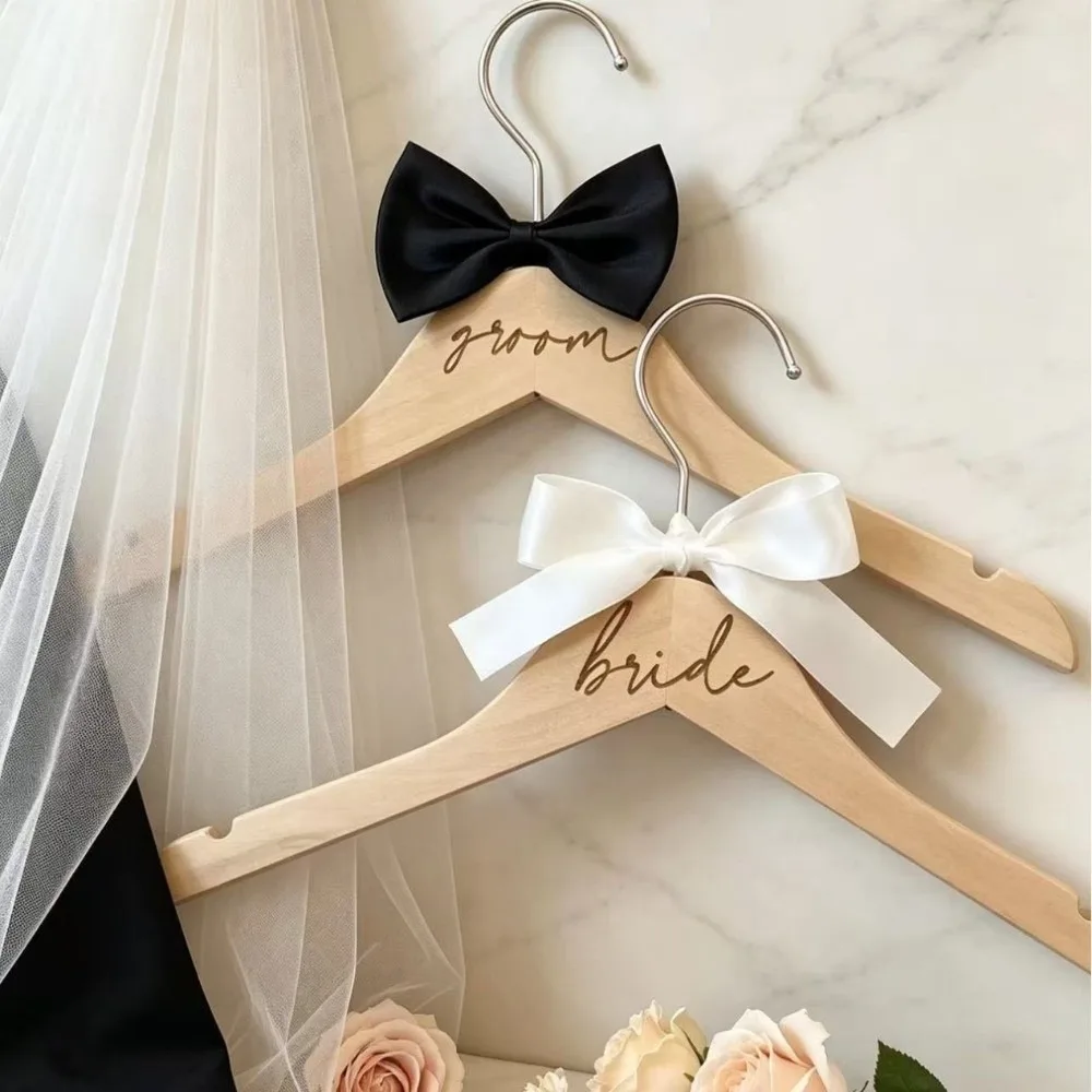 Laser Engraved Wooden Bride Clothes Hanger Clothing Hanging Wedding Clothing Organization Groom Clothes Hanger Solid Wood