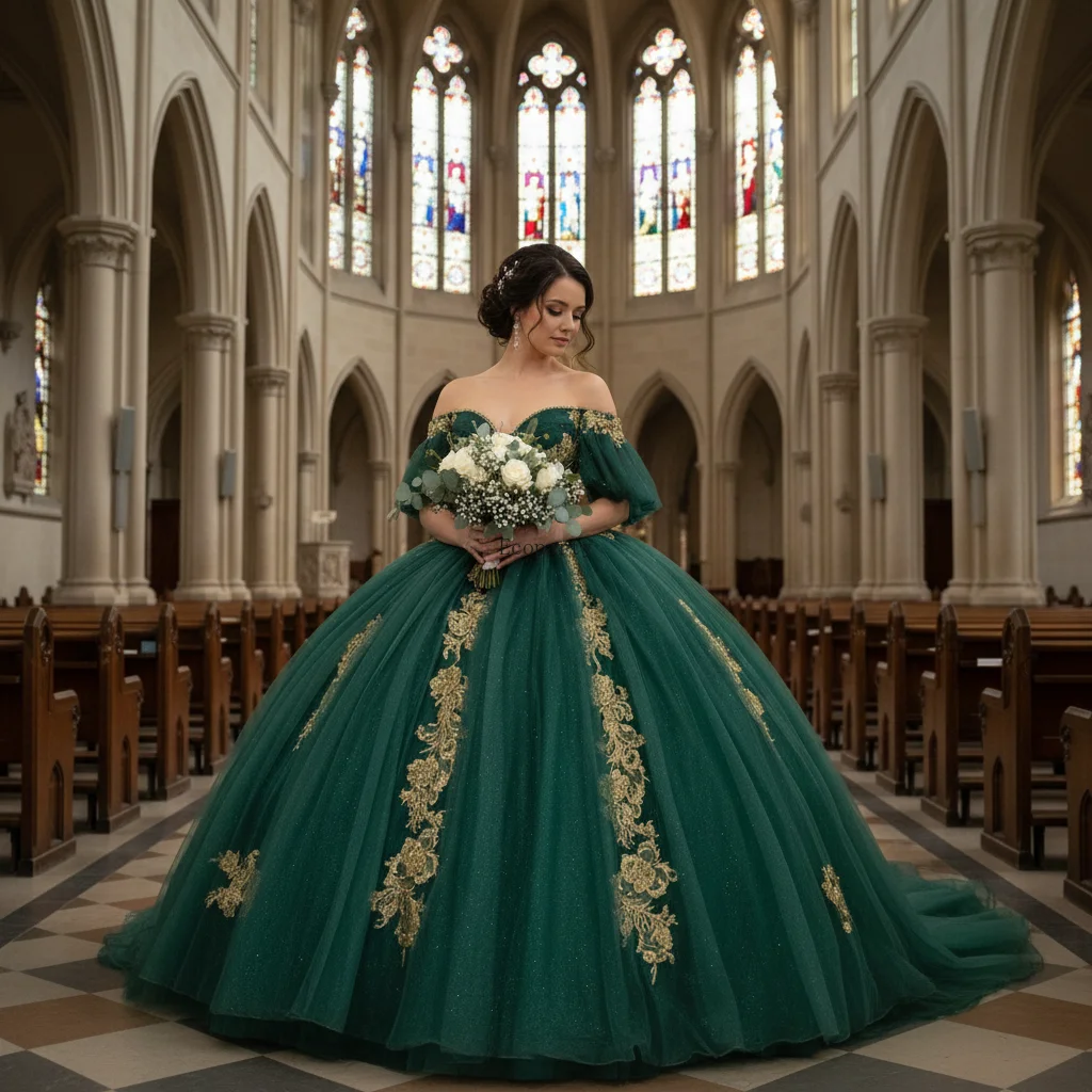 Customized Glittering Green Quinceanera Dress Gold Lace Beading Off-Shoulder Birthday Party Princess Vestidos 15 Anos Prom Gown
