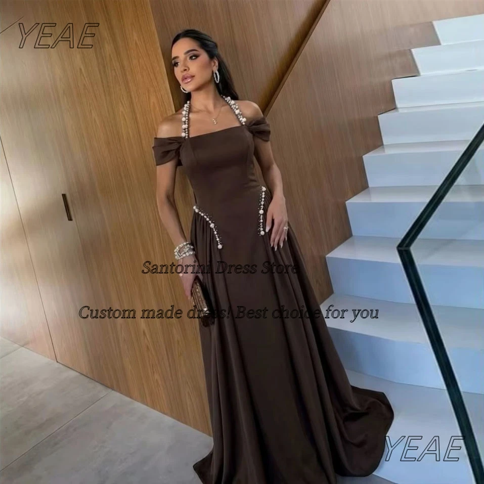Santorini Prom Dresses Beaded Halter Off Shoulder Evening Dress Long Ruched Special Banquet Women Party Gowns Customized