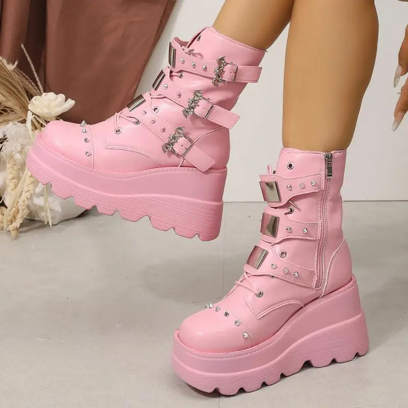 Punk-Nieten-Multi-Schnallen-Designer-Stiefeletten für Damen, klobige Plateau-Stiefeletten, kurze Stiefel für Damen, Winter 2026, süße Damen-Y2K-Western-Stiefeletten