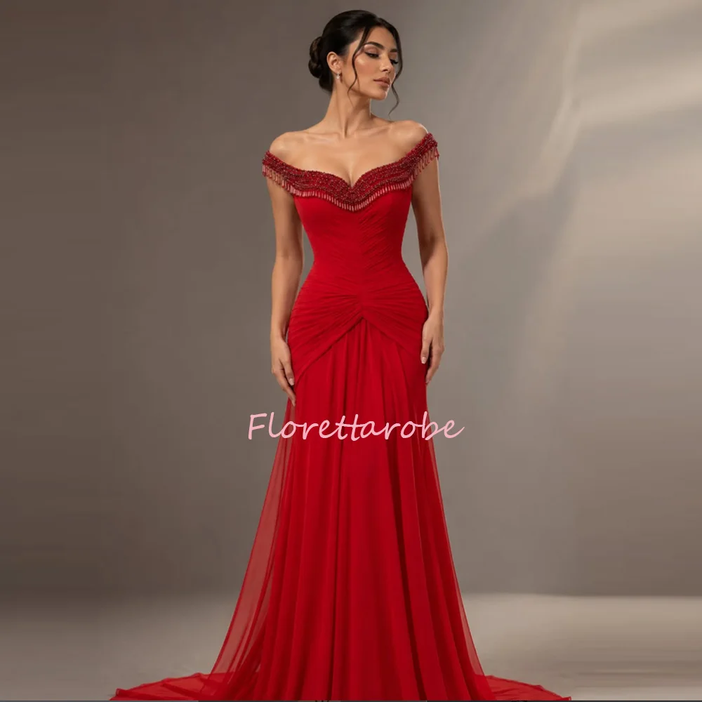 Customized Cap Sleeves Red Chiffon Pearls Mermaid Prom Dress فساتين سهر Party Dresses robe de soirée Evening Dress