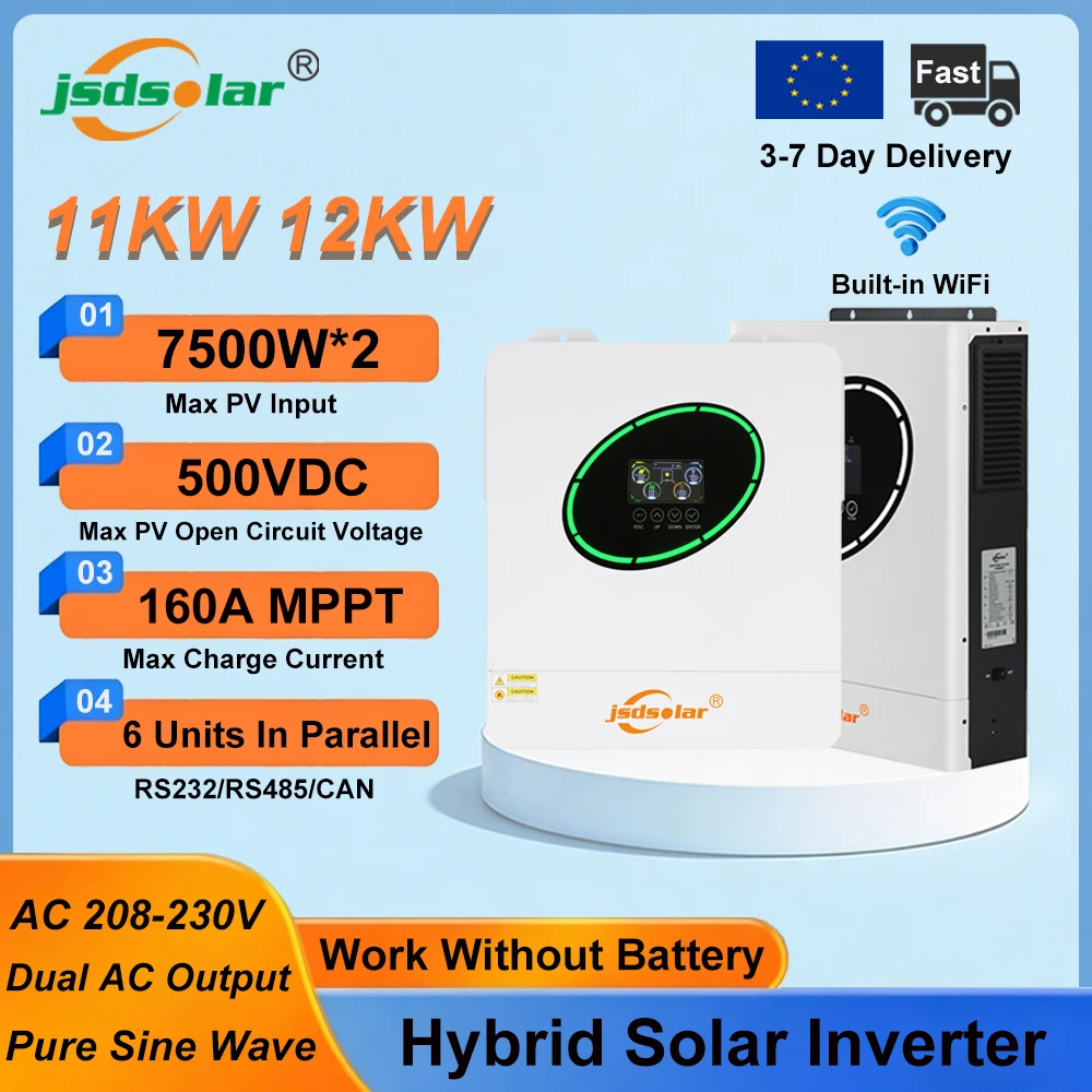 Jsdsolar, onduleur solaire hybride 11 kW, 12 kW, 48 V, 230 V, onduleur solaire hors réseau, MPPT, contrôleur de charge solaire 160 A, double entrée PV, écran couleur, onduleur PV à onde sinusoïdale