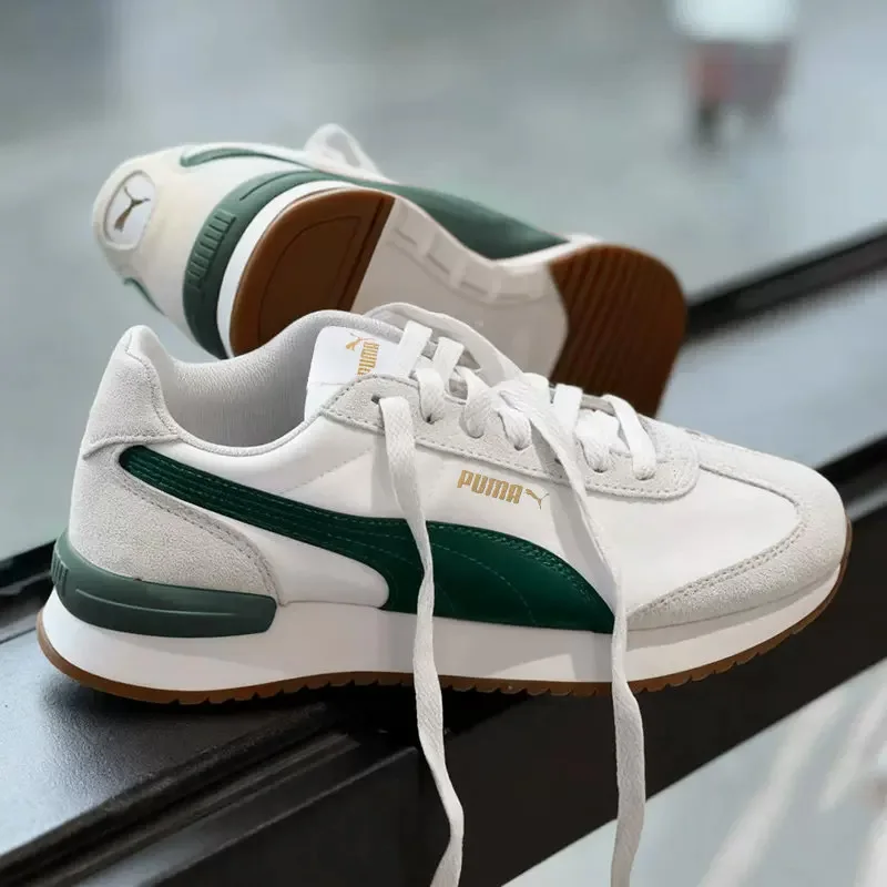PUMA Weiße Dunkelgrüne Wildleder-Sneaker mit Ziernähten Retro Leichte Rutschfeste Freizeitschuhe 399250-04