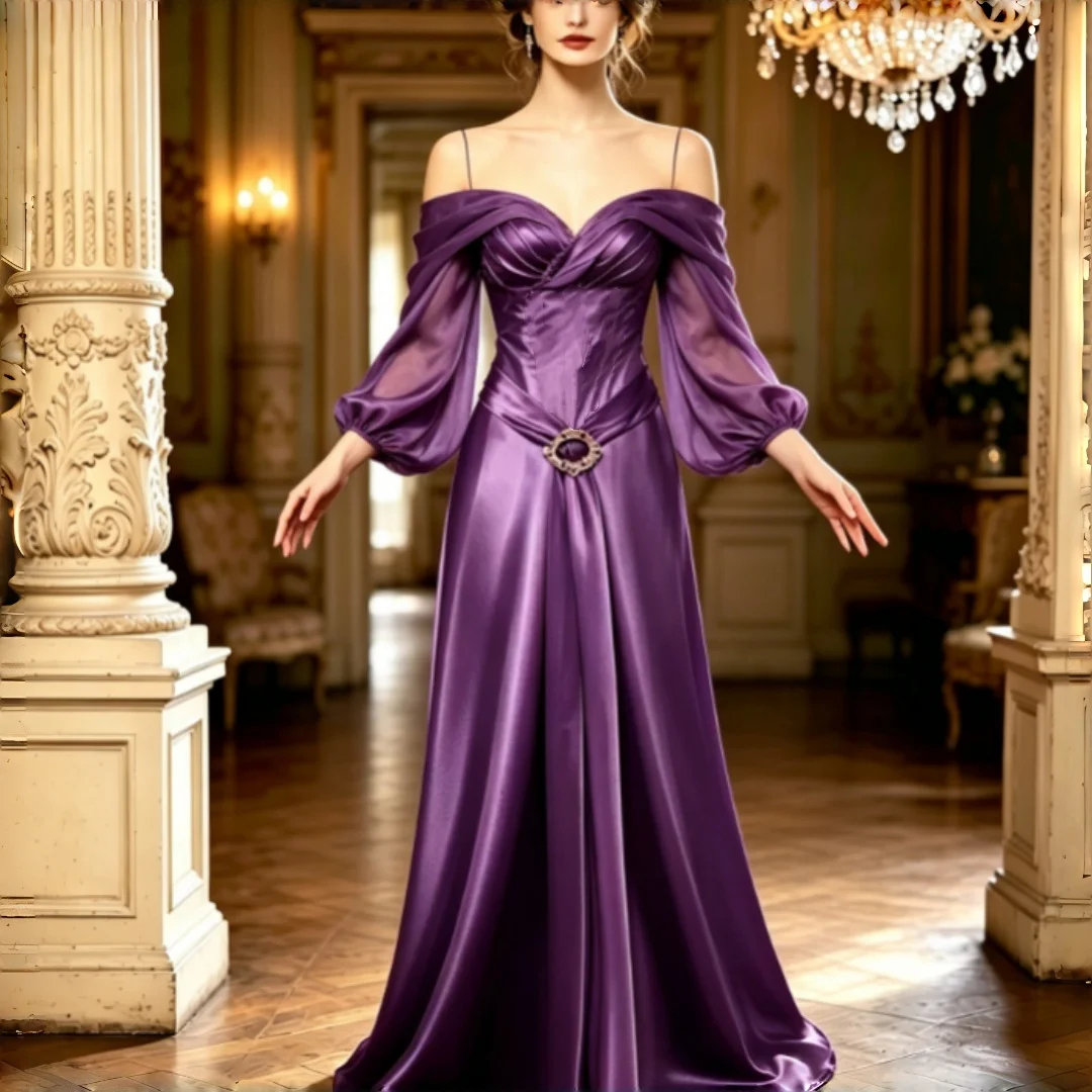 Vintage Purple Satin Off Shoulder Prom Dress Corset Waist Puff Chiffon Sleeve Formal Evening Gown for Women Customized