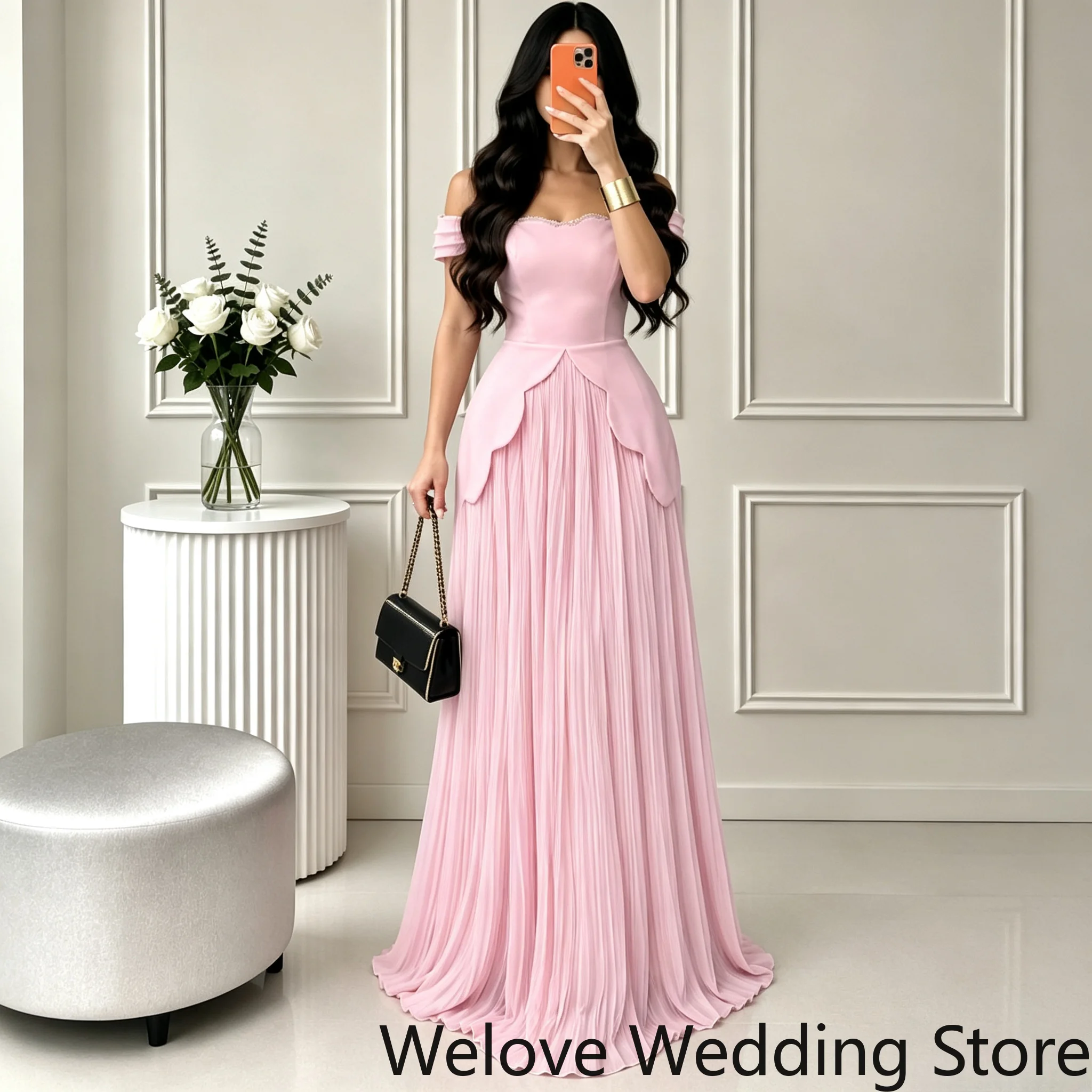 Customized Romantic Pink Evening Gown Off‑The‑Shoulder Short Sleeve Petal Shape Peplum Waist Detail Pleated Chiffon Flowy