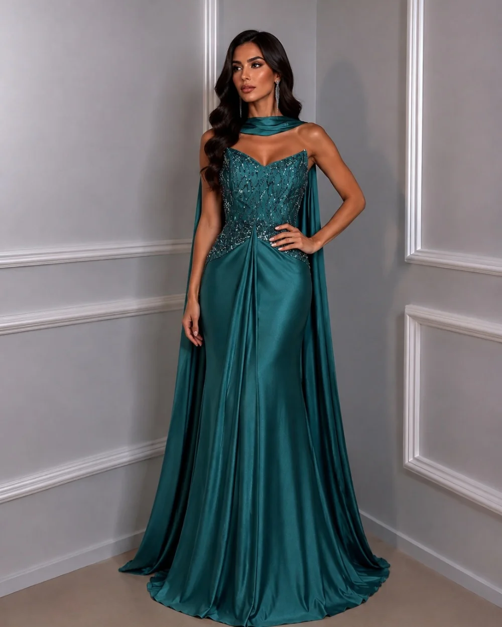 Sparkle Luxury Charmeuse Beading Sequined Mermaid Strapless Shawl Floor-Length Evening Dresses Party Gowns Customized