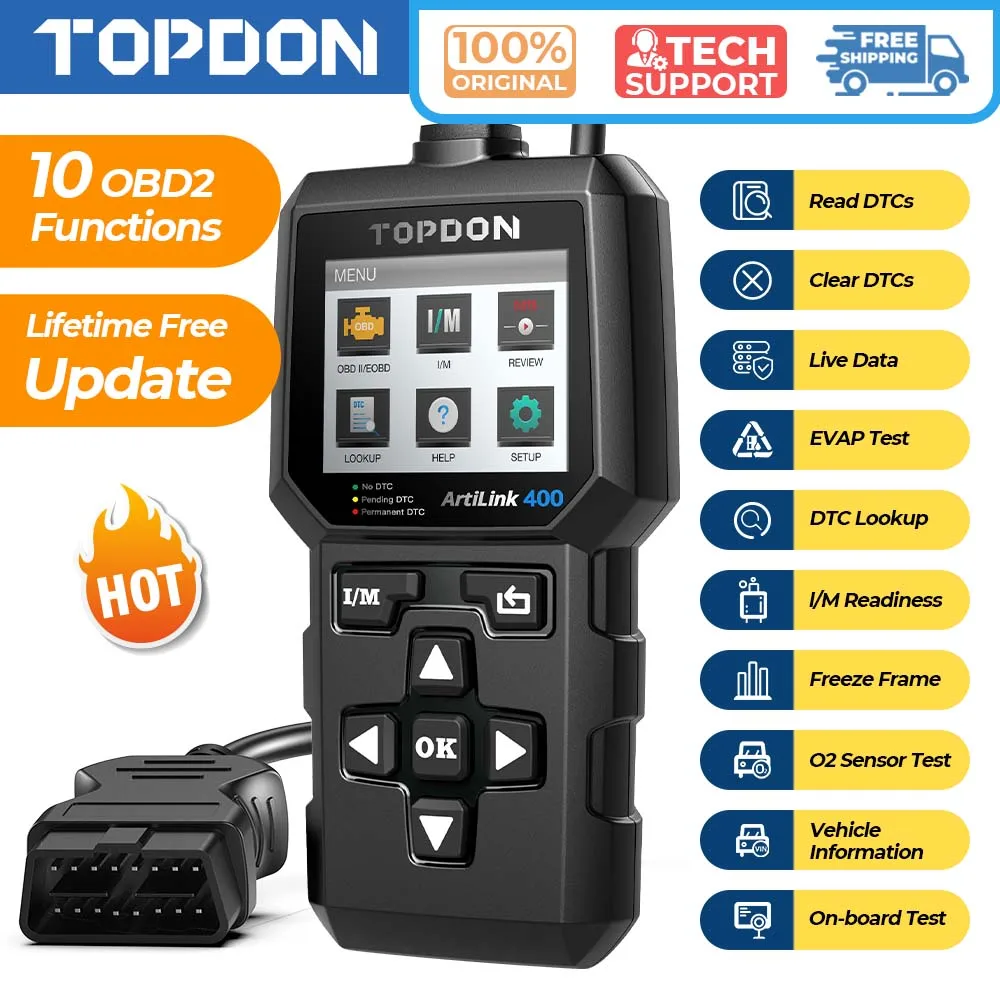 TOPDON AL400 Lecteur de codes OBD2, outil de diagnostic, lecteur de codes Artilink400, outils de réparation automobile, lecteur de codes OBDII complet, scanner automobile avec recherche de codes DTC, scanner de diagnostic pour les bricoleurs, mise à...