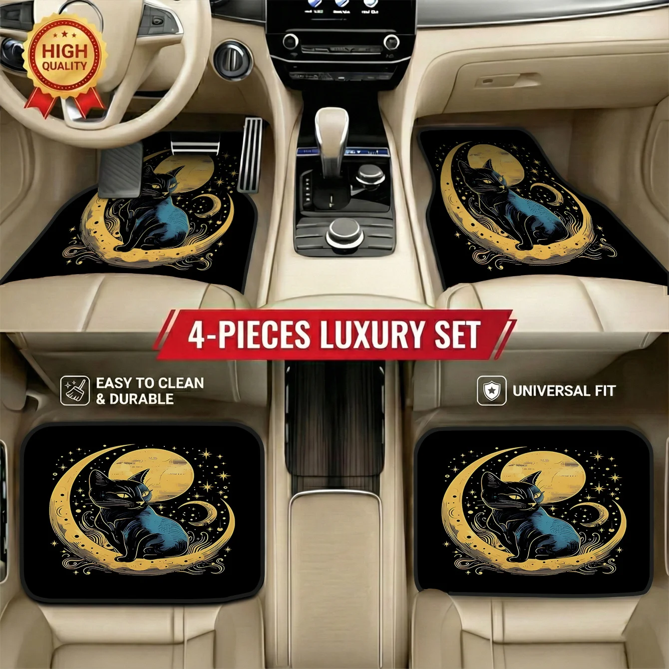 Ensemble de 4 tapis de voiture avec motif chat noir, parfaits pour les voitures à hayon et les break, faciles d