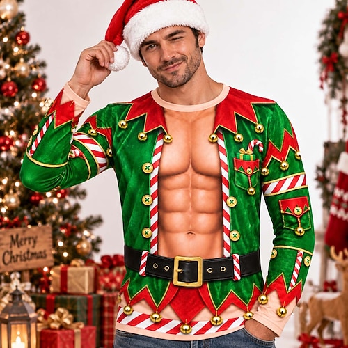Weihnachten Geschenke für Männer Sweatshirt Grafisches T-Stück Muskelprotz Hunk Sexy Elf Gruselig Lustig langarm Rundhalsausschnitt für Herren Erwachsene 3D-Druck für Weihnachten Neujahr Geschenke