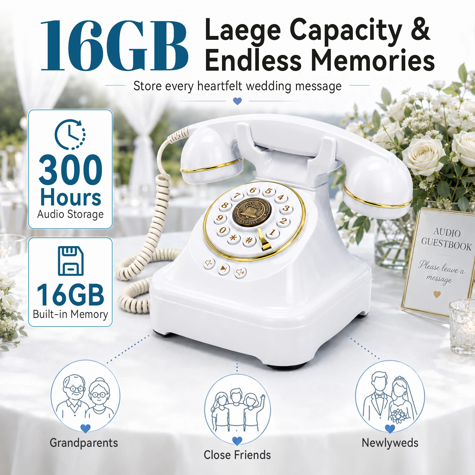 Audio Vintage Guestbook Telephone Wedding Guest Book Phone Voice Message Recorder 16GB Memory Wedding Reception Party Gift