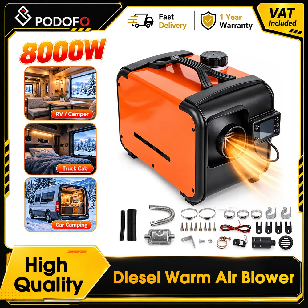 Podofo, chauffage diesel horizontal pour stationnement, 12V 24V, chauffage d’air diesel, chauffage de cabine, chauffage d’air pour véhicules, chauffage de cabine pour voiture, camion et camping-car, avec télécommande, arrêt automatique et protection.