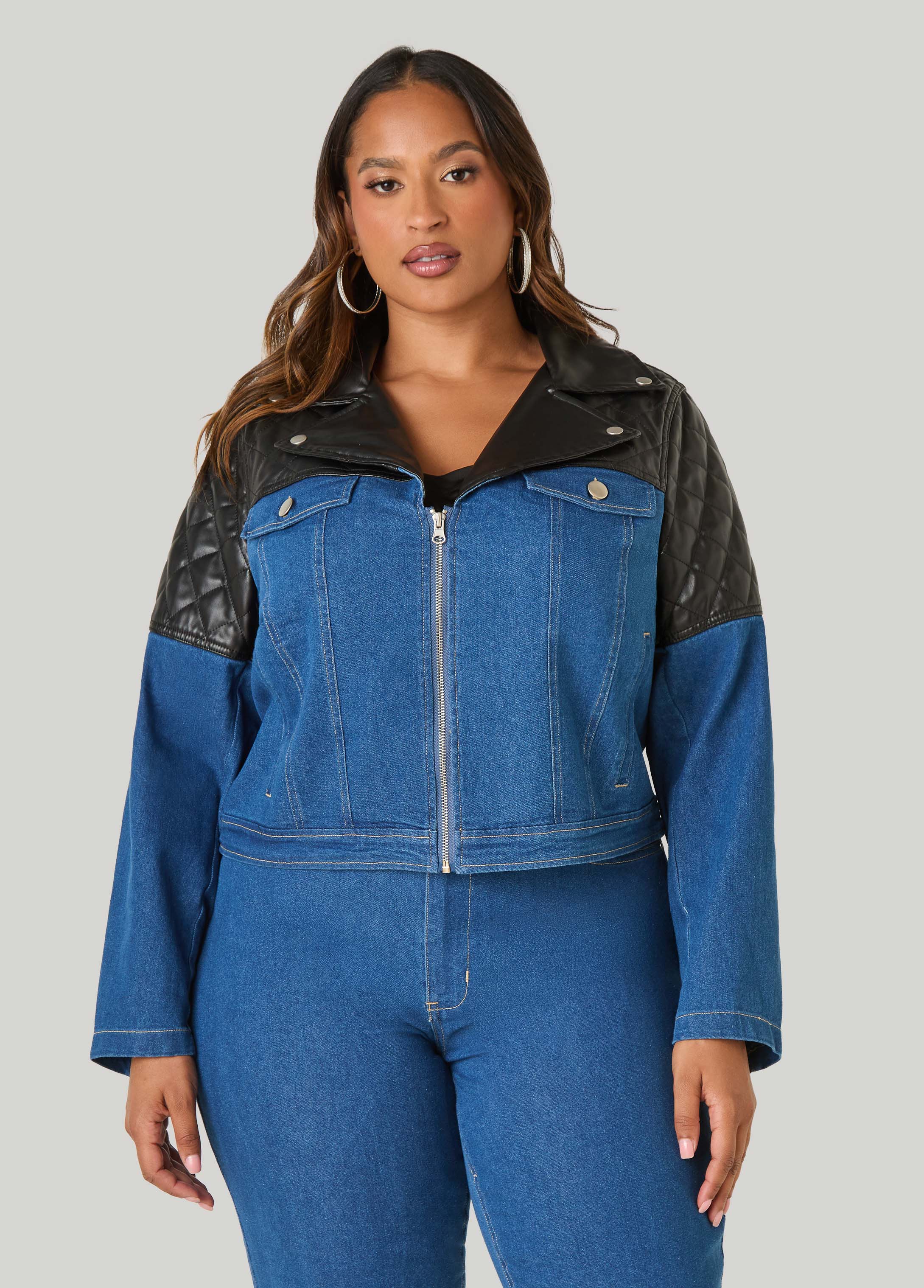 Plus Size Faux Leather Paneled Denim Jacket