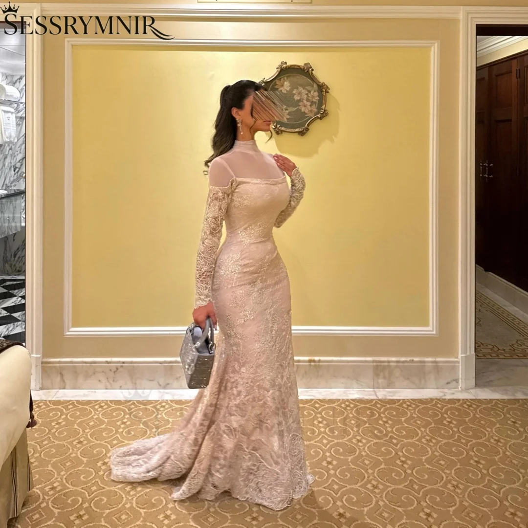 SESSRYMNIR Women'S Formal Evening Gowns Customize Beige Mermaid Long Sleeves Evening Dresses Sweep Train Dubai Dresses Luxury