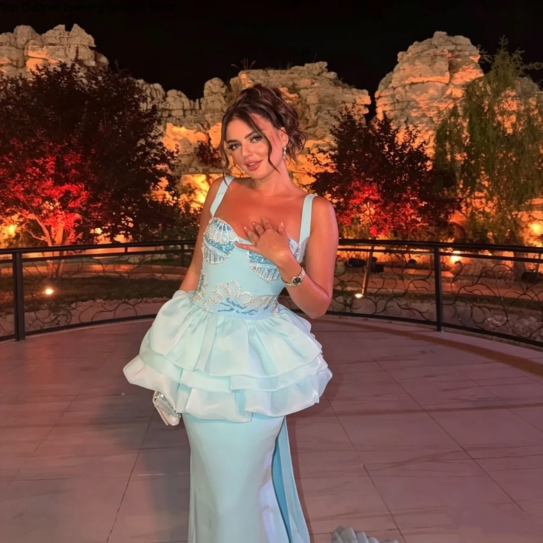 Spaghetti Straps Beaded Evening Dress Light Blue Tiered Ruffle Peplum Mermaid Long Formal Prom Gown Custom Plus Size Party Dress