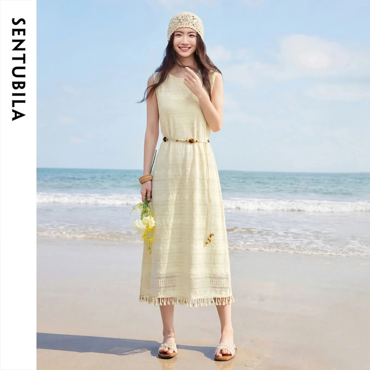 SENTUBILA Women's Elegant Lace Dress 2026 Summer O Neck Beaded Tassel Sleeveless Straight Dresses with Belt Casual 162LU4983