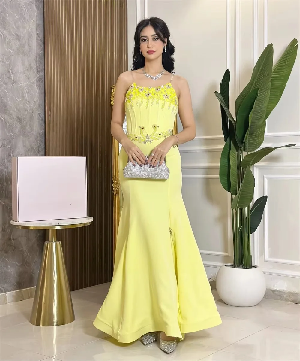 Yellow Sheer Beaded Long Bespoke Occasion Gown Evening Dresses Prom Pastrol Unisex Jersey Retro Dubai Saudi Arabic Customized