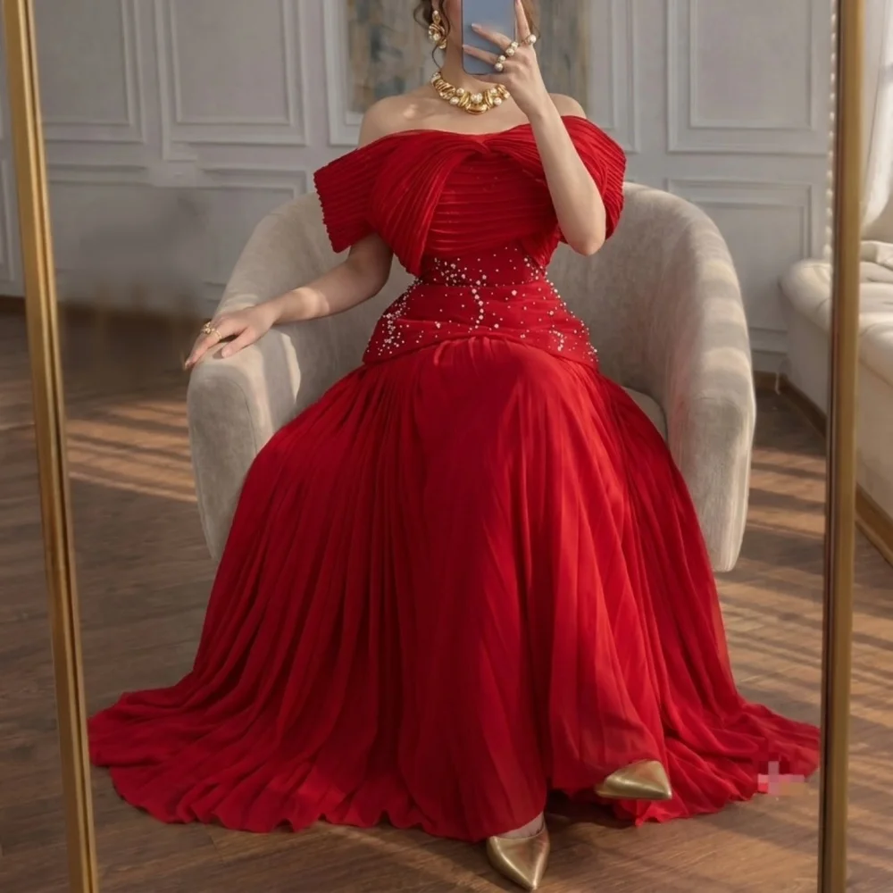 Customized Exquisite Chic Off-the-shoulder Formal Evening Dress Glitter Beaded A-line Prom Wedding Party Dress for Banquet