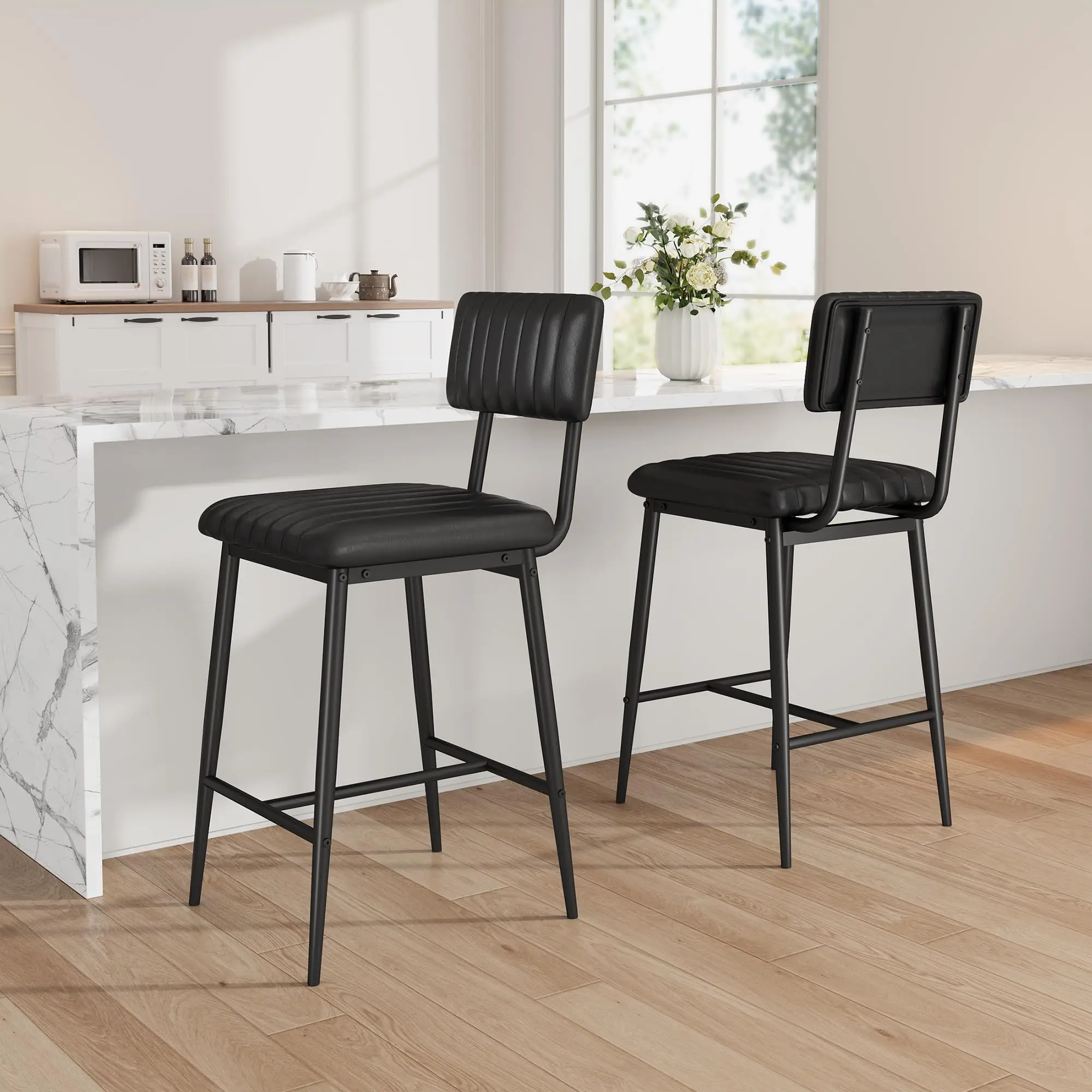 Modernes 2er-Set Barhocker – 65 cm Sitzhöhe, segmentierte Polsterung, Metallgestell, mit Rückenlehne & Fußstütze – Perfekt für Kücheninsel & Theke – Farbe: Schwarz Litschi-Struktur (2 Stück)