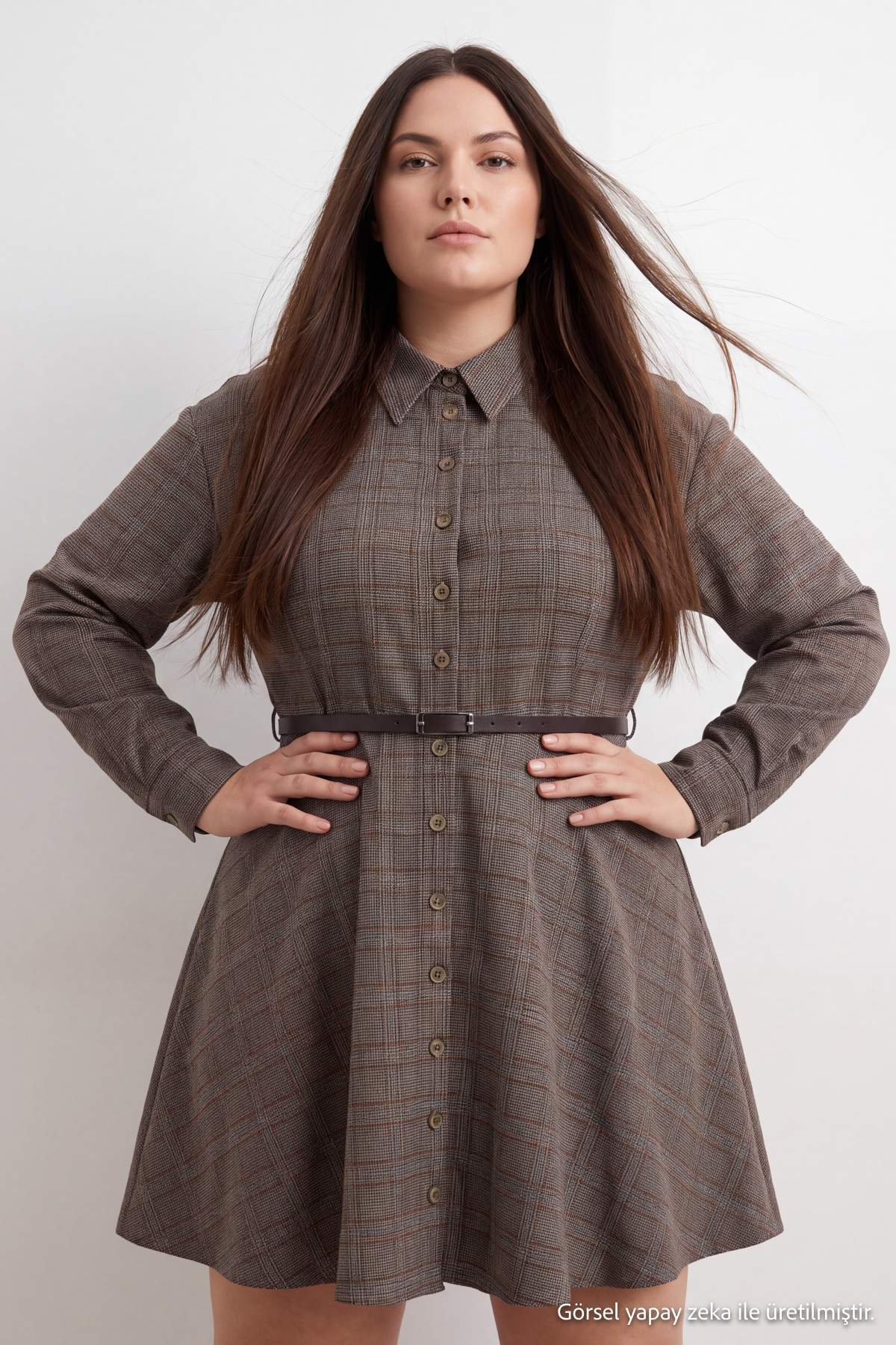 Trendyol Curve Damen Braun Kariert Kurz / Mini Lang A-Linie Große Größen Kleid