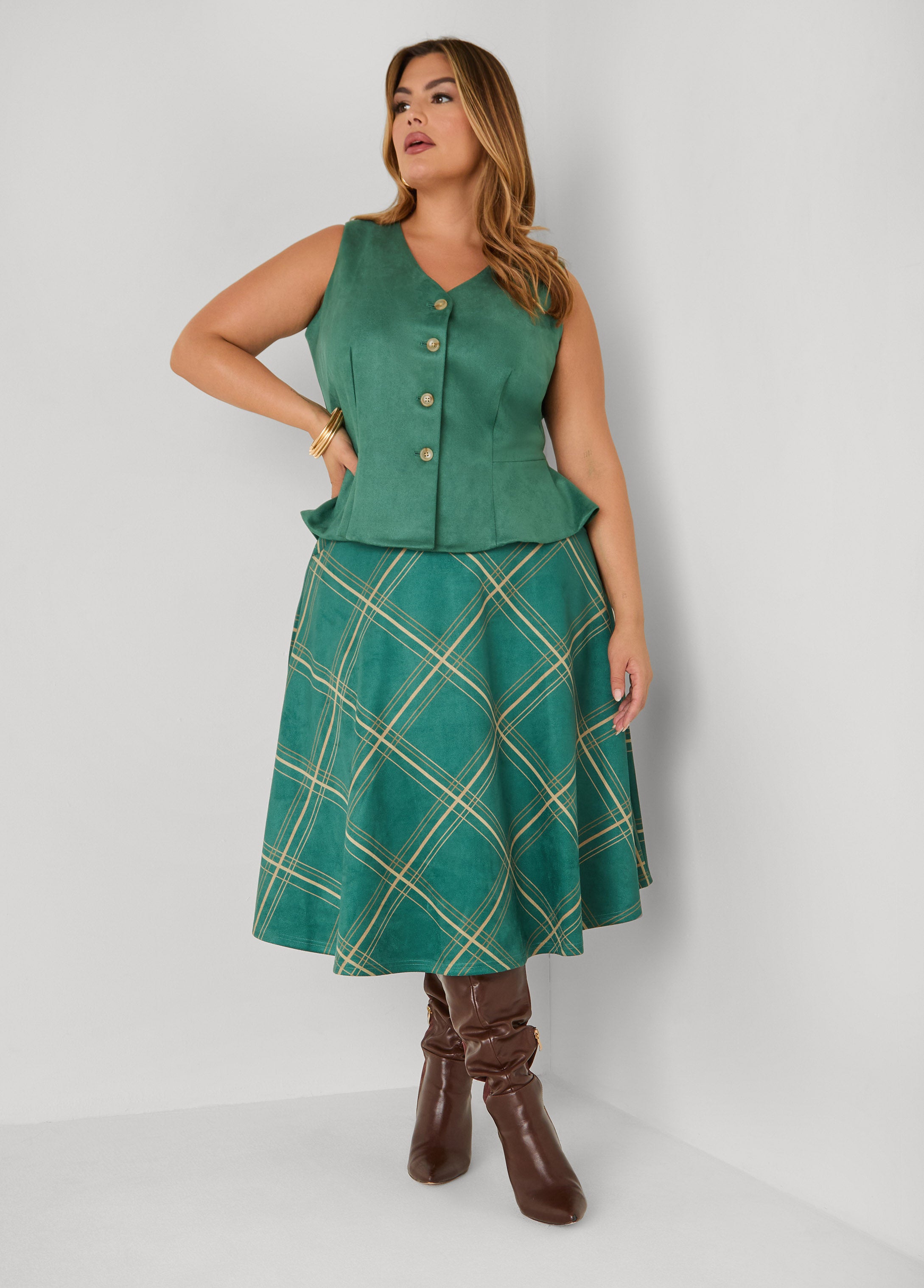 Plus Size Plaid Faux Suede A Line Midi Skirt