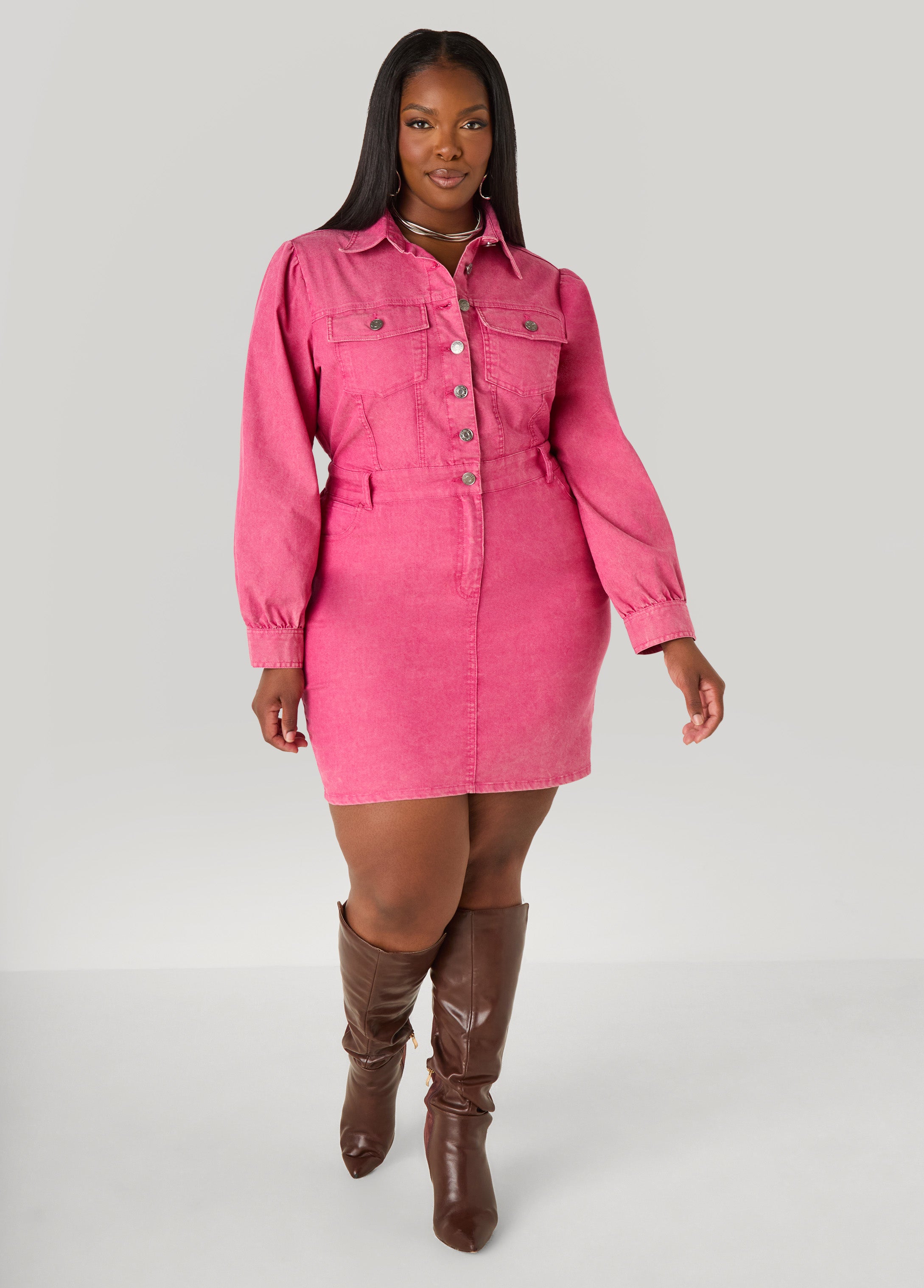Plus Size Button Front Denim Shirtdress