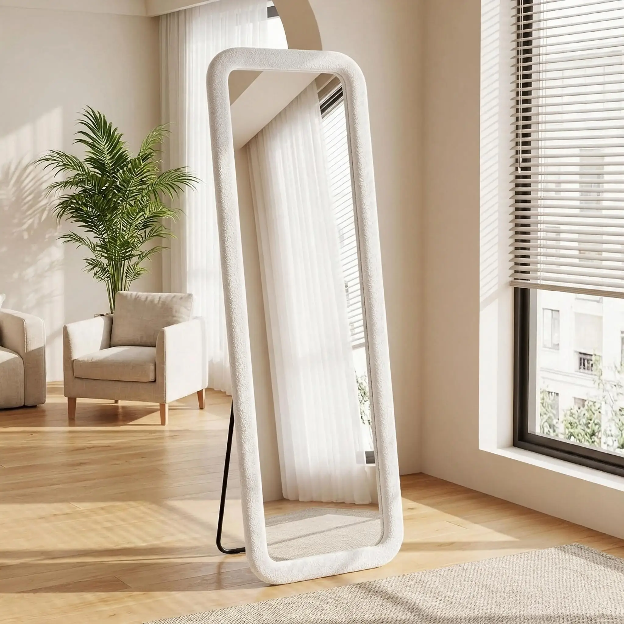 Anajqaqia 160×50cm Ganzkörperspiegel mit weichem, flanellbezogenem Rahmen; Weißer Standspiegel, geeignet für den Stand- oder Wandmontagegebrauch im Schlafzimmer oder Wohnzimmer