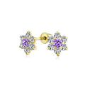 Tiny Purple CZ Flower Stud Earrings For Women For Teen Cubic Zirconia Simulated Amethyst Real Gold Screw back