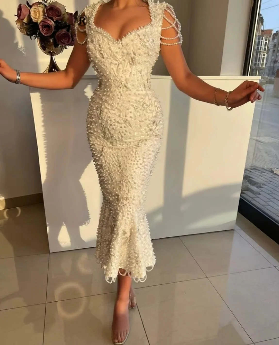 Luxury Long Middle Eastern Evening Dresses Mermaid V-neck Pearls Saudi Arabia Dubai Robe De Soiree Prom Dress Gown Customized