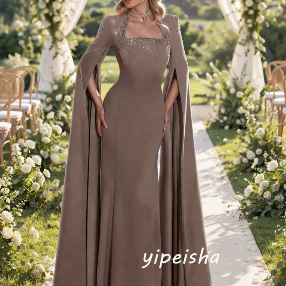 Customized Luxury Matching Jersey Pleat Beading Sequined Mermaid Square Neck Floor-Length Evening Dresses Fashion